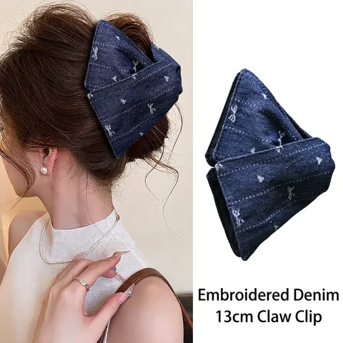 Haarkralle Aus Denim Mit Stickerei Große Dreieckige Haarklammer Retro Elegantes Haaraccessoire Für Damen