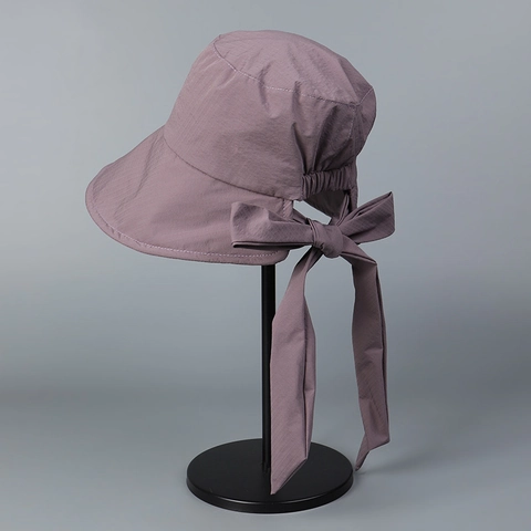 Women Wide Brim Bucket Hat Polyester UV Protection Foldable Sun Hat With Back Ribbon Bow Korean Style Elegant Outdoor