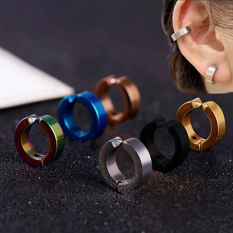 Clip On Hoop Earrings Titanium Steel Non Piercing Punk Retro Minimalist For Men Unisex Jewelry Accessory