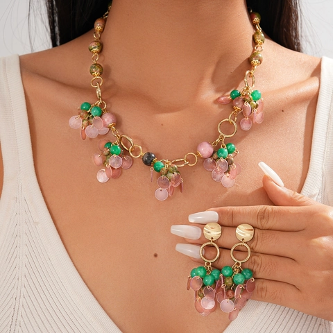 Collar Y Pendientes Bohemios Con Poste De Plata Aleación Piedra Natural Concha Púrpura Colgante Geométrico Vintage Para Mujer