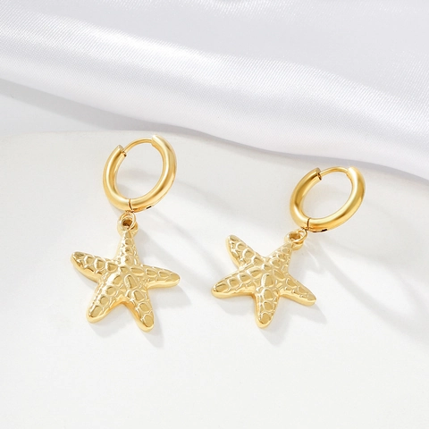 Starfish Hoop Earrings Gold Plated Stainless Steel Textured Ocean Marine Style Fashion Jewelry For Women