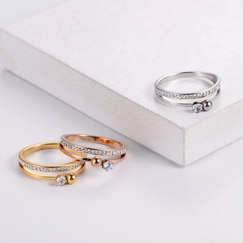 Anello A Doppio Strato Acciaio Inossidabile 304 Zirconia Cubica Sei Griffe Design Minimalista Gioielli Moda Donna