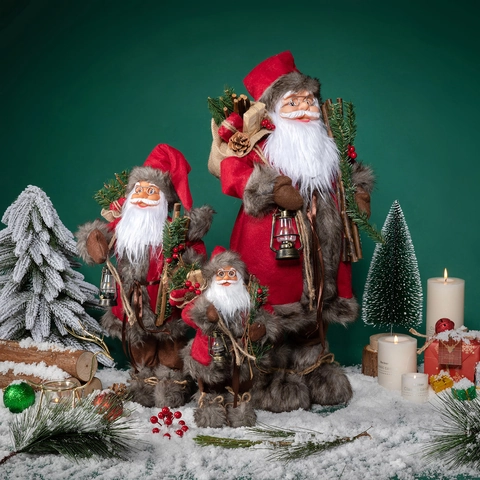 Stehender Weihnachtsmann Figur Stoff Kunstpelz Ornament Mit Laterne Geschenktüte Für Weihnachten Heim Tischdekoration