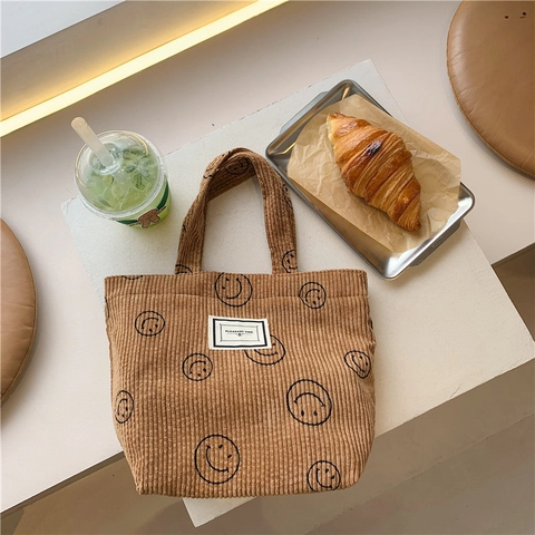 Sac À Main Fourre-Tout En Velours Côtelé Femme Style Japonais Vintage Motif Sourire Pois Fleur
