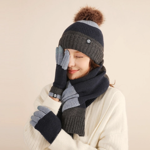Ensemble Bonnet Écharpe Gants Tricoté Chaud Hiver Femme Mélange de Laine Rayé Bloc de Couleur avec Pompon Mode Extérieur 3 Pièces