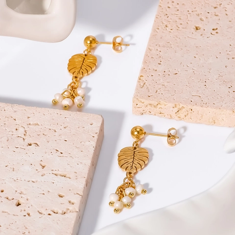 Natuur Geïnspireerde Blad Kunstparel Hangende Oorbellen 18K Verguld Roestvrij Staal Elegante Sieraden Voor Dames