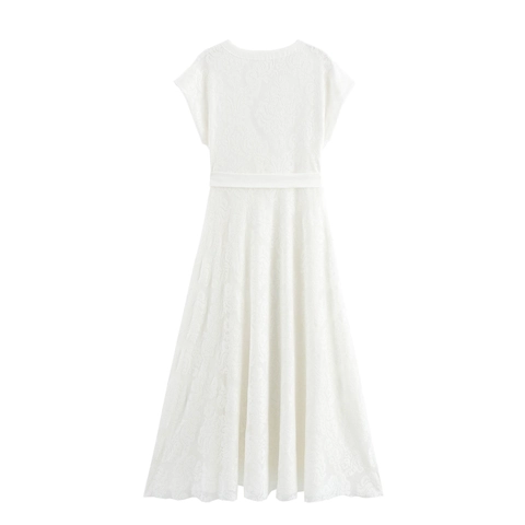 Women White Lace Maxi Dress V Neck Short Sleeve Elegant French Style Waist Tie Jacquard A-Line