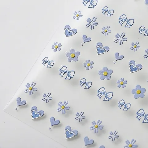 Adesivi Per Unghie Rilievo 5D Blu Chiaro Fiore Cuore Fiocco PET Adesivo Decorazione Manicure Fai Da Te Design Bianco Elegante