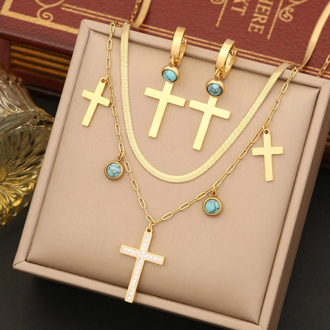 Collana A Doppio Strato In Acciaio Inossidabile Con Ciondolo A Croce In Strass Turchese Gioielli Per Donna