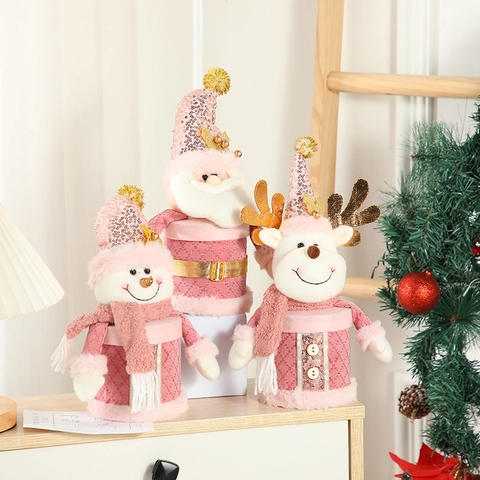Pink Christmas Candy Jar Plush Sequin Gift Storage Container For Tabletop Festive Decoration Santa Snowman Reindeer