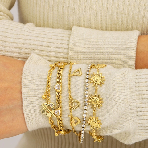 Edelstahl Armband 18K Vergoldet Zirkonia Herz Sonne Geometrischer Anhänger Verstellbarer Schmuck Für Damen