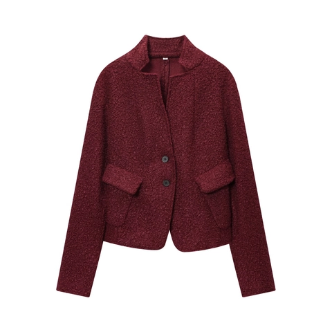 Dames Kort Jasje Donkerrood Lusgaren Polyester Knoopsluiting Klepzakken Franse Stijl Herfst Winter Retro Casual Mantel