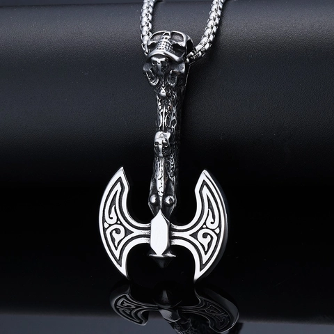 Stainless Steel Battle Axe Pendant Necklace Viking Nordic Mythology Skull Totem Gothic Punk Style Men Box Chain