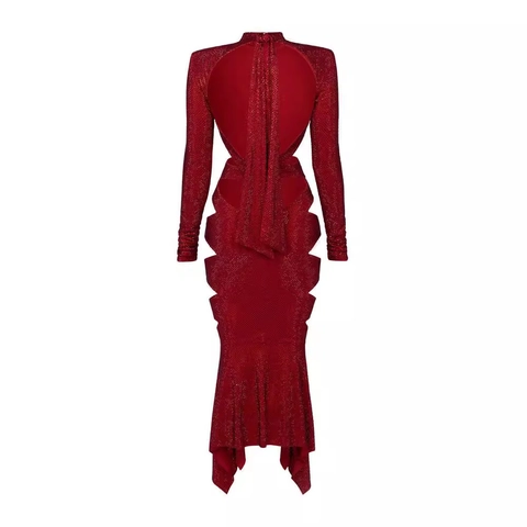 Sexy Rode Pailletten Maxi Jurk Met Lange Mouwen En Taille Uitsparing Onregelmatige Zeemeermin Zoom Avondfeest Elegant Glamour