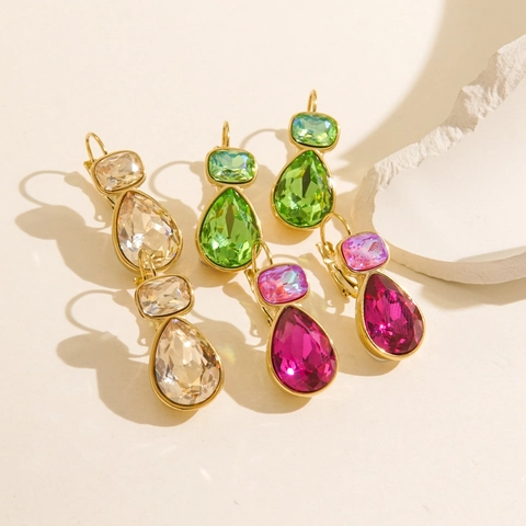 Teardrop Dangle Earrings Stainless Steel Gold Plated Colorful Zircon Crystal Water Drop Vintage French Style For Women