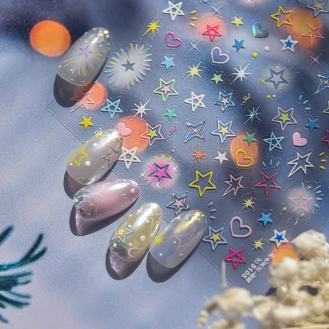 5D Embossed Nail Art Stickers Holographic Metallic Stars Hearts Sunburst Patterns Self Adhesive DIY Manicure Decor