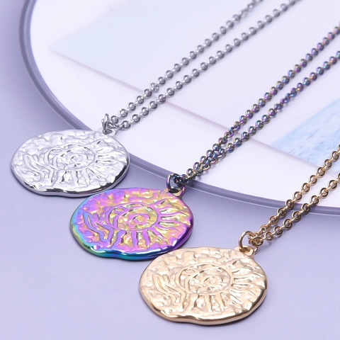 Sun Moon Face Pendant Necklace Stainless Steel Retro Celestial Embossed Coin Jewelry For Women Men