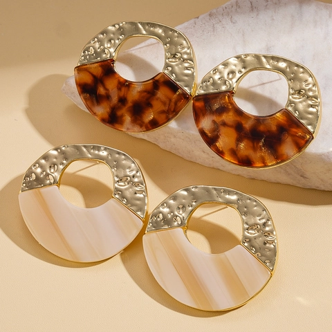 Geometric Round Hollow Earrings Hammered Alloy Tortoiseshell Acrylic With 925 Sterling Silver Earring Post Retro Women