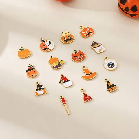 Halloween Charms Stainless Steel Enamel Pumpkin Ghost Witch Skull DIY Jewelry Making Accessories Festival Style