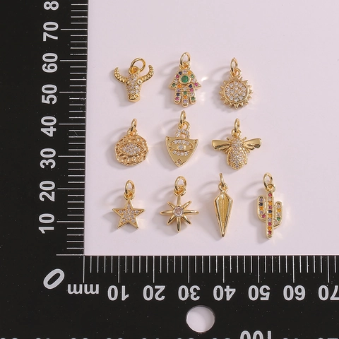 Trendy Gold Plated Copper DIY Charms Cubic Zirconia Inlaid Animal Cactus Hamsa Star Eye Sun Jewelry Making Findings