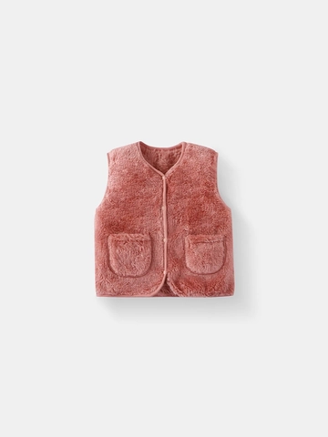 Gilet En Polaire Pour Bébé Enfant Doux Chaud Peluche Avec Poches Col V Boutonné Couleur Unie Vêtement Extérieur