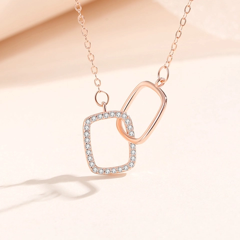 Collar de Pendiente Cuadrado de Plata de Ley S925 para Mujer Entrelazado Circonia Geométrico Doble Anillo Joyería de Lujo
