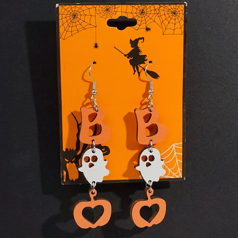 Pendientes Colgantes de Madera de Halloween Con Poste de Acero Inoxidable Boo Fantasma Calabaza Letra Joyería de Fiesta Mujer