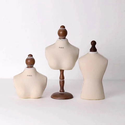 Necklace Display Stand Vintage Linen Cloth Wrapped Half Body Bust Mannequin Wood Base Jewelry Showcase Organizer Holder
