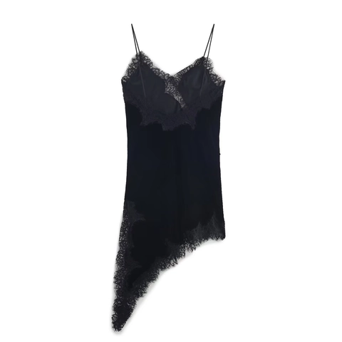 Sexy Schwarzes Samt Midi Slipkleid Ärmellos V Ausschnitt Spitzenbesatz Asymmetrischer Saum Elegante Partykleidung Für Damen