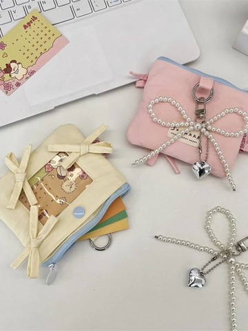 Bowknot Card Holder With Clear Window Polyester Zippered Photo Card Protector Bag For Students Sweet Korean Style Keychain