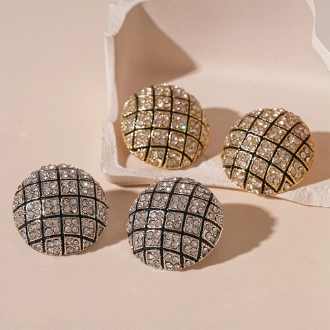 Retro Round Geometric Alloy Stud Earrings With Rhinestones And Silver Earring Post Rhombic Grid Pattern For Women