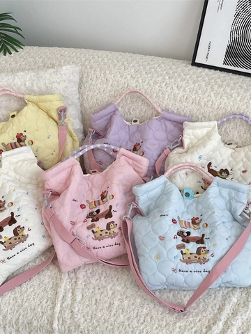 Gesteppte Tragetasche Herzstickerei Cartoon Hund Katze Große Kapazität Schulter Umhängetasche Lässige Handtasche Japanischer Stil