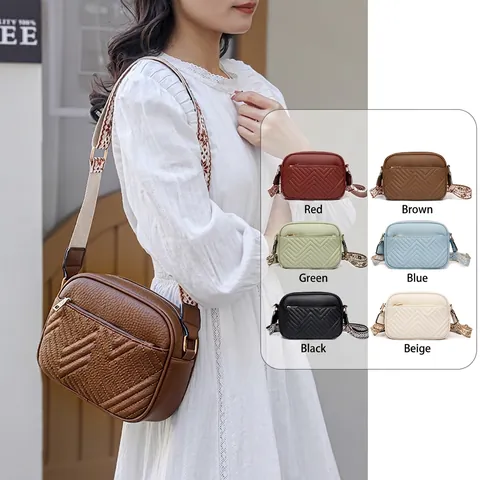 Women Crossbody Bag PU Leather Litchi Grain V-Quilted Small Shoulder Phone Bag Wide Geometric Pattern Strap Casual Versatile