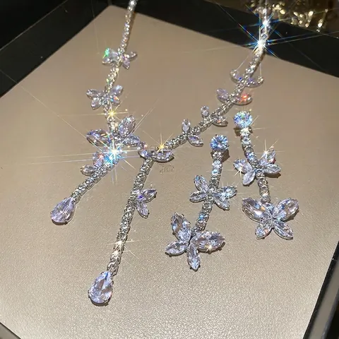 Collana E Orecchini A Farfalla Con Zirconi Intarsiati Lusso Elegante Nappa Per Donna Festa Matrimonio Perno In Argento