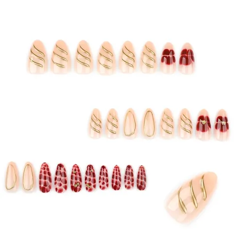 Press On Nagels Amandelvorm 3D Gouden Metalen Lijnen Donkerrood Bloemen Krokodillenpatroon Luxe Elegante Kunstnagels