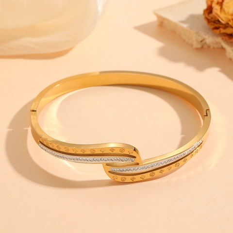 Bracciale Rigido In Acciaio Inossidabile Placcato Oro 18K Lusso Incisione Floreale Zirconi Intarsiati Gioielli Donna