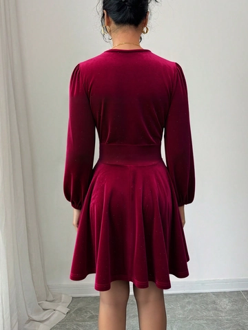 Burgundy Velvet Mini Dress Shimmer V Neck Long Lantern Sleeve A Line Pleated Elegant Party Slim Fit For Women