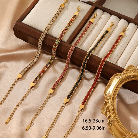 Bracelet Femme En Acier Inoxydable Plqué Or 18K Rangée De Zirconium Coloré Chaîne Réglable Bijoux