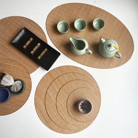 Woven Bamboo Placemat Natural Tea Mat Heat Resistant Table Pad Round Oval Zen Style Handmade Coaster