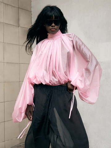 Elegante Blusa In Tencel Rosa Con Collo Alto Maniche A Lanterna Pieghettato Lucido Top Di Moda Donna