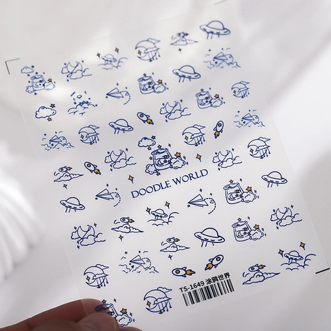 Doodle World Space Nail Stickers Embossed Self Adhesive Decals Moon Stars UFO Hand Drawn Cute Manicure Decoration