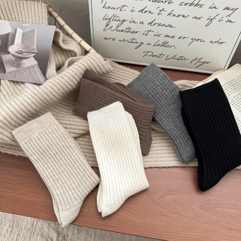 Women Wool Blend Crew Socks Ribbed Knit Solid Color Warm Winter Autumn Japanese Style Slouch Soft Breathable Casual