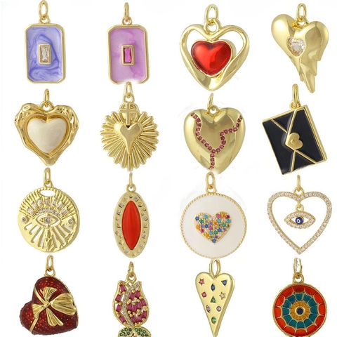 Ciondoli In Rame Placcati Oro Smalto Zircone Cuore Malocchio Fiocco Per Creazione Gioielli Fai Da Te Accessori