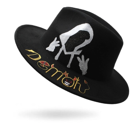 Sombrero Fedora Negro Fieltro De Lana Con Bordado Demon Patrón Pintado A Mano Street Style Ala Ancha Plana Para Adultos