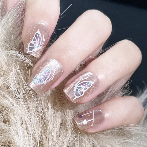 Schmetterling Katzenauge Aufpressnägel Pink Nude Glitzer Falsche Nägel Wiederverwendbar Süß Mode Minimalistisch Maniküre Für Frauen