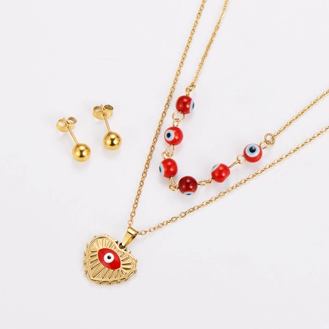 Double Layer Necklace And Ball Stud Earrings 304 Stainless Steel 18K Gold Plated Evil Eye Heart French Retro Jewelry