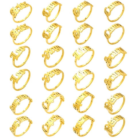 Gothic Zodiac Sign Ring Stainless Steel Adjustable Open Band Old English Letter Jewelry For Men Women 18K Gold Plated Polished