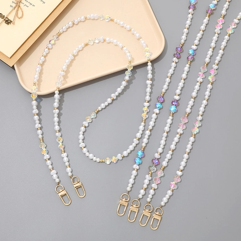 Luxury Artificial Pearl Crystal Four-Leaf Flower Crossbody Chain For Phone Bag Strap Keychain Ornament Beaded Lanyard Accessory