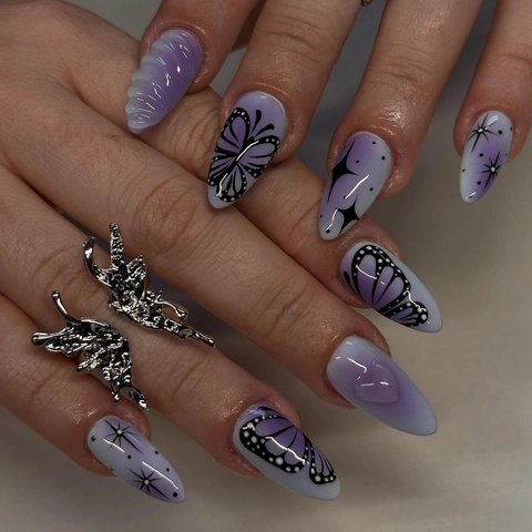 Purple Gradient Press On Nails Almond Shape 3D Butterfly Star Sparkle Full Cover Artificial Fake Nails Glossy Fashion