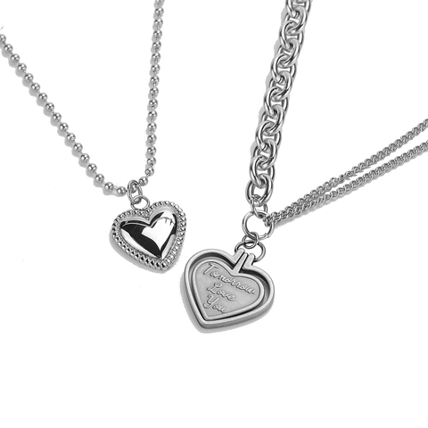 Collar Con Colgante De Corazón De Acero Inoxidable Doble Capa Grabado Hip Hop Retro Gótico Cadena Clavícula Hombre Mujer